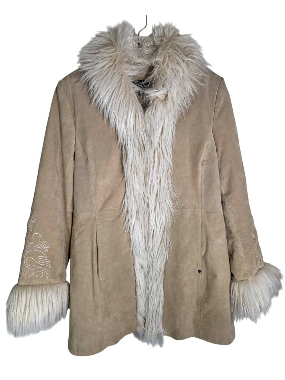 Vintage Y2K 90s Suede Faux Fur Penny Lane Embroidered Afghan Coat Sz S Boho 70s